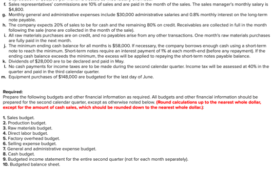 f. Sales representatives commissions are 10% of sales and are paid in the month of the sales. The sales managers monthly sa