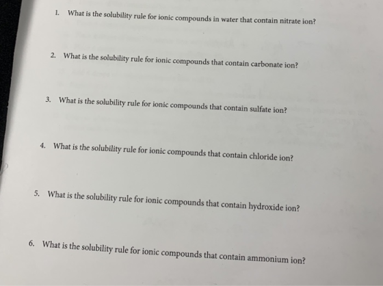 1. What is the solubility rule for ionic compounds in water that contain nitrate ion? 2. What is the solubility rule for ioni