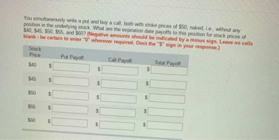You simultaneously write a put and buy a call, both with strike prices of $50, naked, i.e., without any position in the under