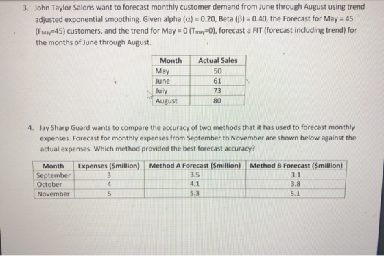 John Taylor Salons want to forecast monthly customer demand from June through August using trend adjusted exponential smoothi