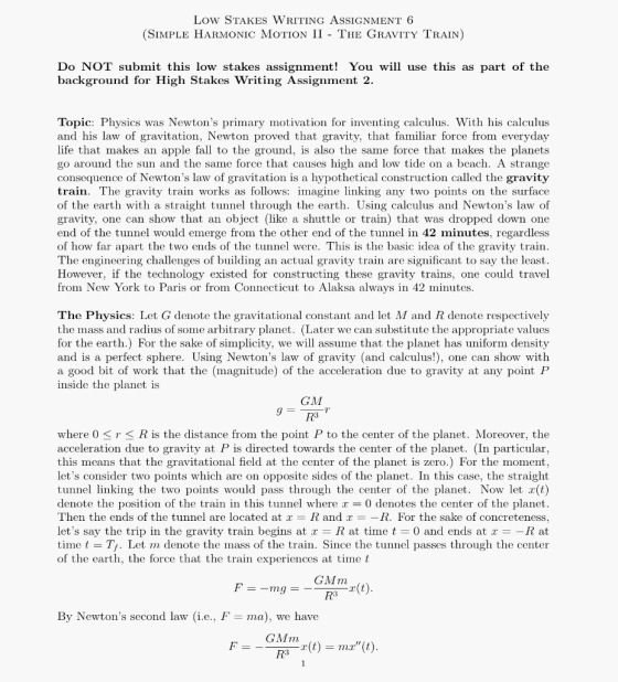 Low STAKES WRITING AssIGNMENT 6 (SiMPLe HARMONIC MoTION II - THE GrAVITY TRAIN) Do NOT submit this low stakes assignment! You