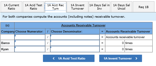 1A Current 1A Acid Test 1A Acct Re1A Invent 1A Days Sal in 1A Days Sal Req 1B Uncol Ratio Ratio Turn Turnover Inv For both co