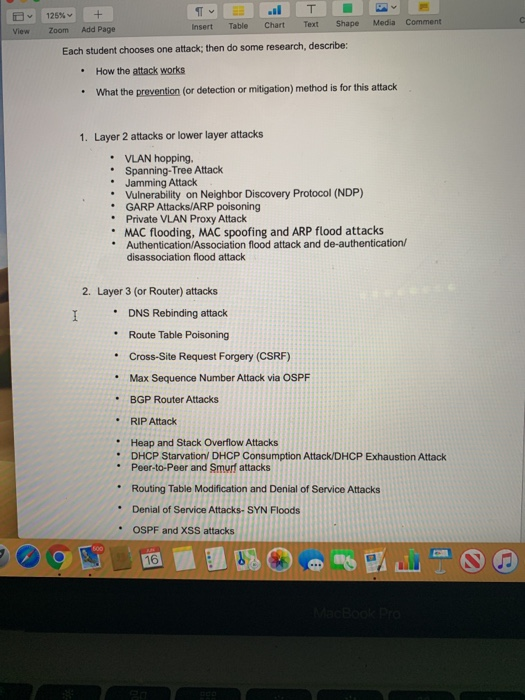 T + 125% Media Comment Shape Text Chart Insert Table Add Page Zoom View Each student chooses one attack; then do some researc