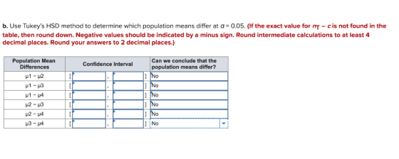 b. Use Tukeys HSD method to determine which population means differ at a 0.05. (If the exact value for nT- cis not found in