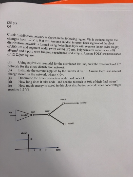 (35 pt) Q3 Clock distribution network is shown in the following Figure. Vin is the input signal that changes from 1.2 V to 0