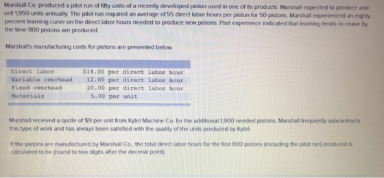 Marshall Co. produced a pilot run of fifty units of a recently developed piston used in one of its products. Marshall expecte