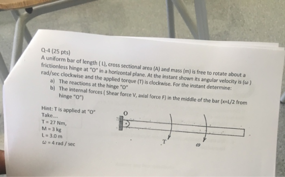 Q-4 (25 pts A uniform bar of length (L), cross sectional area (A) and mass (m) is free to rotate about a frictionless hinge a