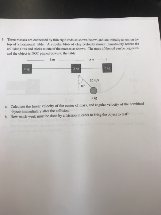 3. Three masses are connected by thin rigid rods as shown below, and are initially at rest on the top of a horizontal table.
