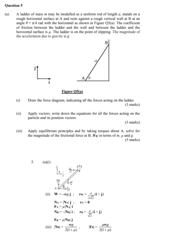 Question 5 A ladder of mass m may be modelled as a uniform rod of length a, stands on a rough horizontal surface at A and res
