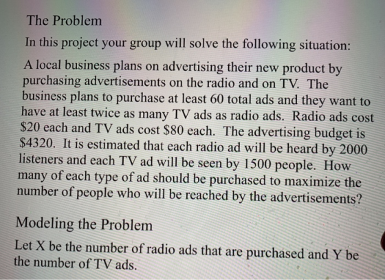 The Problem In this project your group will solve the following situation: A local business plans on advertising their new pr