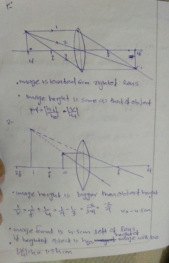 20 2f Image vs loateel 6cm Rons age hegut 5 same as thet a object ho 2- T T 29 Image heagut bigger thnobid heiut -2 3ra a 3