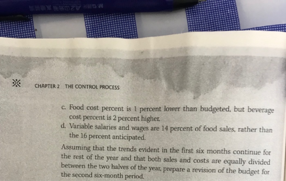 CHAPTER 2 THE CONTROL PROCESS c. Food cost percent is 1 percent lower than budgeted, but beverage cost percent is 2 percent h