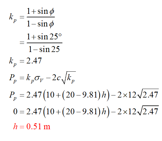 1+sin k 1-sin 1 sin 25 1 sin 25 k 2.47 p P 2.47 (10+(20-9.81)h)-2x12/2.47 0 2.47 (10+(20-9.81)h)-2x12/2.47 h 0.51 m