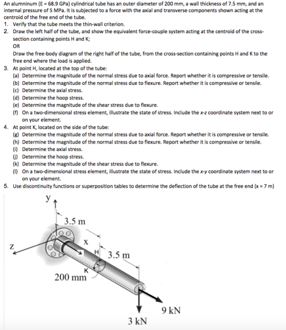 An alumninum (E = 68.9 GPa) cylindrical tube has an outer diameter of 200 mm, a wall thickness of 7.5 mm, and an internal pre