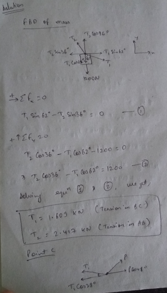 beluhon f60 of mass T, (eo36° T,Sn62 T, Coob 1200N T、 Sin 62°-T, Sin36°ニ 0 +126 20 2 Cos36T(62-1200 0/ 7 Coo36 -TCos62 1200 T