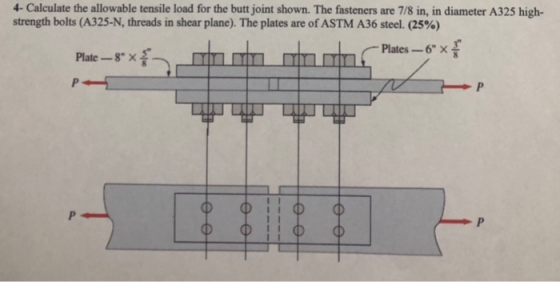 4- Calculate the allowable tensile load for the butt joint shown. The fasteners are 7/8 in, in diameter A325 high- strength b