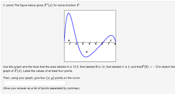 (1 point) The figure below gives F() for some function F 1 2 3 Use this graph and the facts that the area labeled A is 13.5,
