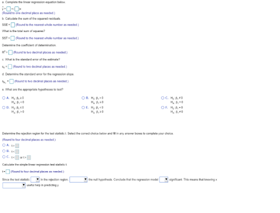 a. Complete the linear regression equation below Round to one decimal place as needed.) b. Calculate the sum of the squared r