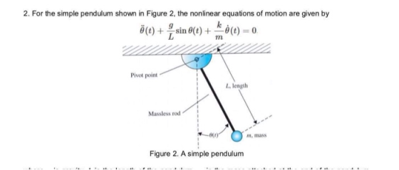 2. For the simple pendulum shown in Figure 2, the nonlinear equations of motion are given by θ(t) + 믈 sin θ(t) + m 0(t)-0 Piv