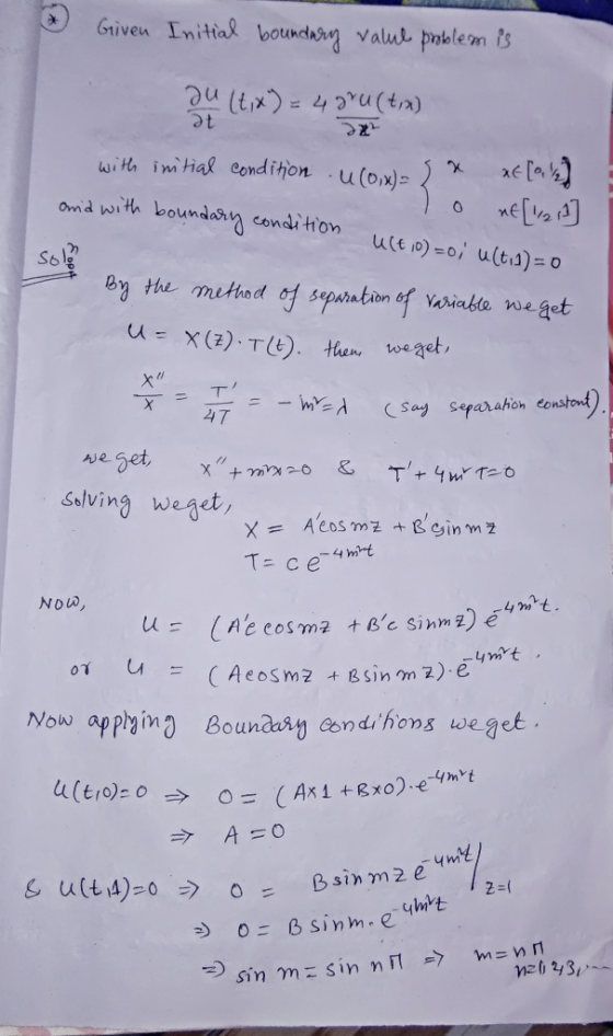 Given Initial boundarn valu pnblem is (ki)ne CRi?) ne with im tial condihon u(ox) Omd with boundry conditon ue io)=0 u(tis) =