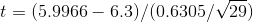 t- (5.9966- 6.3)/(0.6305/V29)