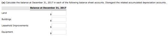 (a) Calculate the balance at December 31, 2017 in each of the following balance sheet accounts. Disregard the related accumul