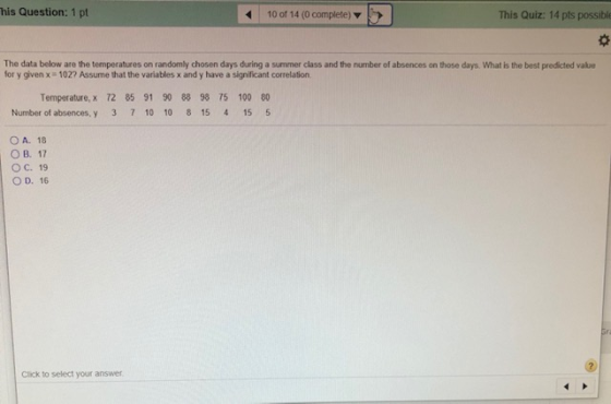 his Question: 1 pt 410 of 14 (0 complete) This Quiz: 14 pts possible de The data below are the temperatures on randomly chose