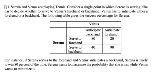 O3. Serena and Venus are has to decide whether to serve to Venuss forehand or backhand. Venus has to anticipate either a for