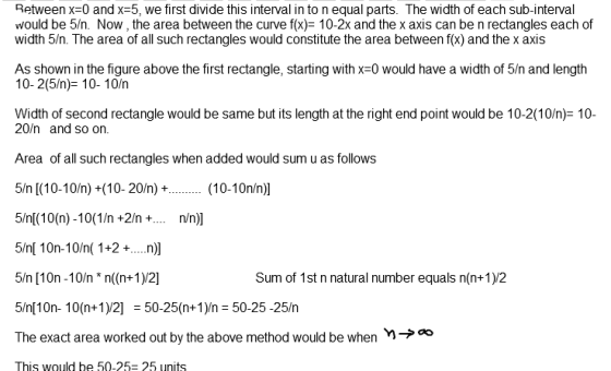 Retween x-0 and x-5, we first divide this interval in to n equal parts. The width of each sub-interval would be 5/n. Now, the