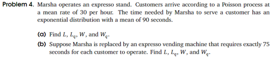 Problem 4. Marsha operates an expresso stand. Customers arrive according to a Poisson process at a mean rate of 30 per hour.