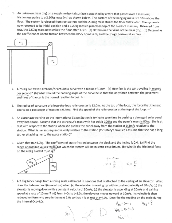 1. An unknown mass (mı) on a rough horizontal surface is attached by a wire that passes over a massless, frictionless pulley