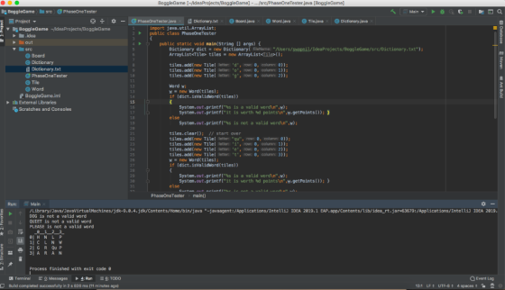 BoggleGame [-/ldeaProjects/BoggleGame - ..src/PhaseOneTester.java [BoggleGame] BoggleGame src PhaseOneTester Project ▼ *÷ *-a