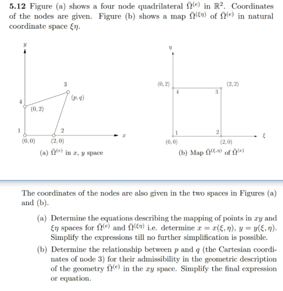 5.12 Figure (a) shows a four node quadrilateral Ω(e) in R2. Coordinates of the nodes are given. Figure (b) shows a map αξη) o