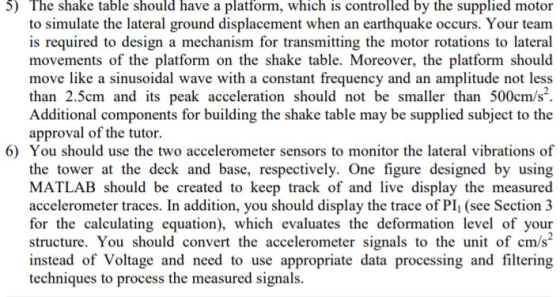 5) The shake table should have a platform, which is controlled by the supplied motor to simulate the lateral ground displacem