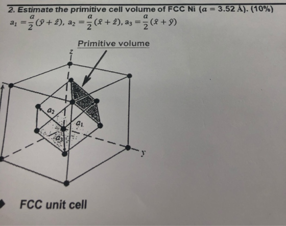 3.52 A). (10%) 2. Estimate the primitive cell volume of FCC Ni (a Primitive volume a2 FCC unit cell