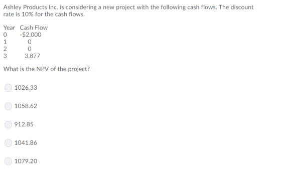 Ashley Products Inc. is considering a new project with the following cash flows. The discount rate is 10% for the cash flows.