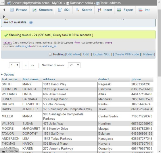 Server phpMyAdmin demo - MySQL Database: sakila»Table: address Search Insert Imp SQL Browse Structure Export are not availabl