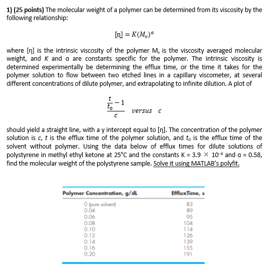 1) (25 points) The molecular weight of a polymer can be determined from its viscosity by the following relationship where [n]