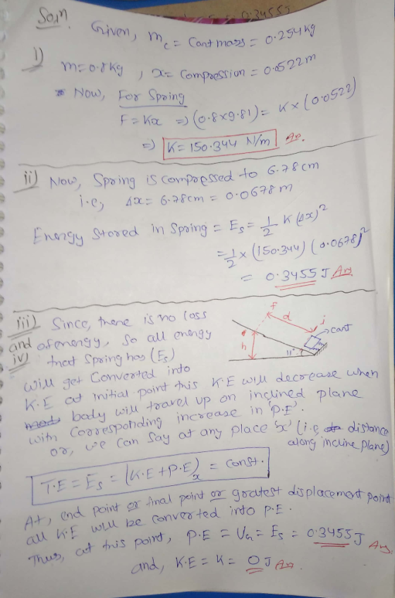 0,254 Kg Compostionこ0.592 m Now, per Spring !!仁150.gyu N/m | do. 2. 2- 2. riil Since, trane ismo (oss alang ncune plane) ox o