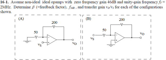 16-1. Assume non-ideal ideal opamps with zero frequency gain 46dB and unity-gain frequency fr 2MHz. Determine ß (feedback fac