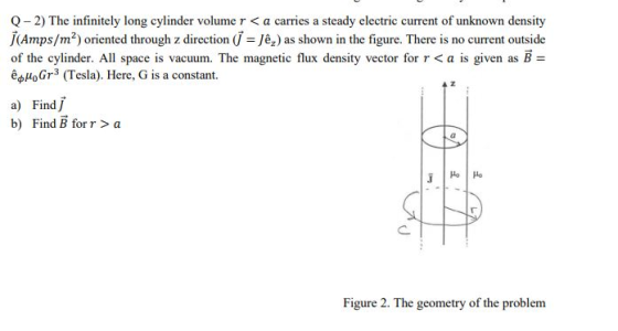 Q-2) The infinitely long cylinder volume r < a carries a steady electric current of unknown density JAmps/m2) oriented throug