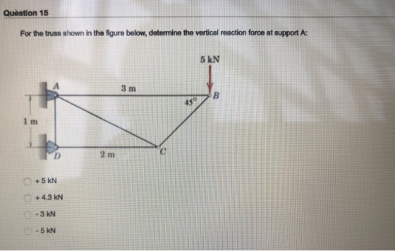 Question 15 For the truss shown in the figure below, determine the vertical reaction force at support A 5 kN 3 m 45 1 m 2 m +