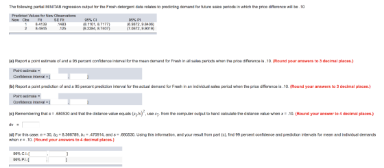 The following partial MINITAB regression output for the Fresh detergent data relates to predicting demand for future sales pe