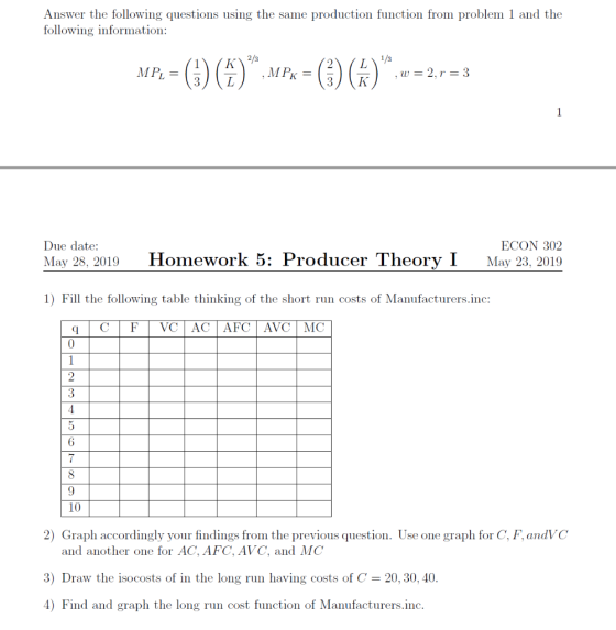 Answer the following questions using the same production function from problem 1 and the following information: 2/3 1/3 -)).