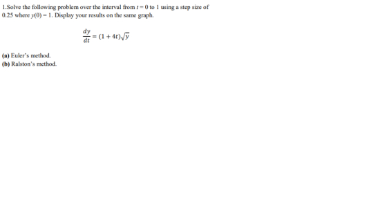 1.Solve the following problem over the interval from t 0 to 1 using a step size of 0.25 where y(0) . Display your results on