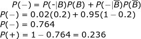 P(-) = 0.02(0.2) +0.95(1-02) P(-) = 0.764 P(+) = 1-0.764 = 0.236