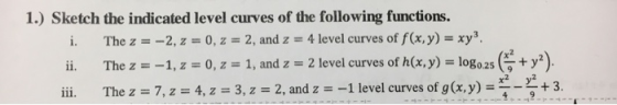 1.) Sketch the indicated level curves of the following functions. 0, z = 2, and z = 4 level curves of f(x,y)-хуз. The z =-2,