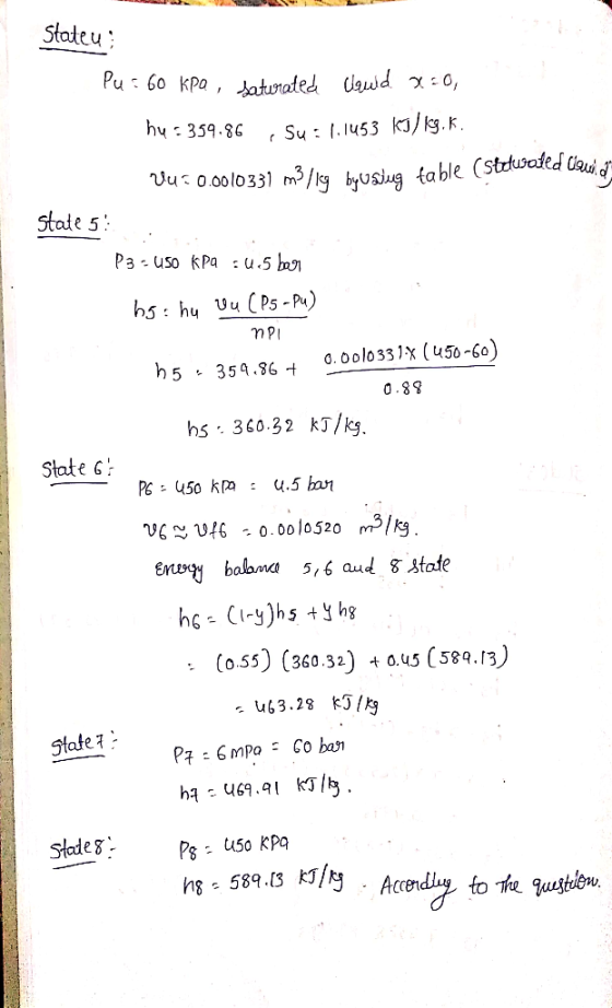 Stateu Pu 6o kpa , atureted ud -0, hy - 359.86 Su .lu53 KJ/kg.K. Vuo.00l0331 m/19 byUsjug table (stctuaded au state 5 P3 - us