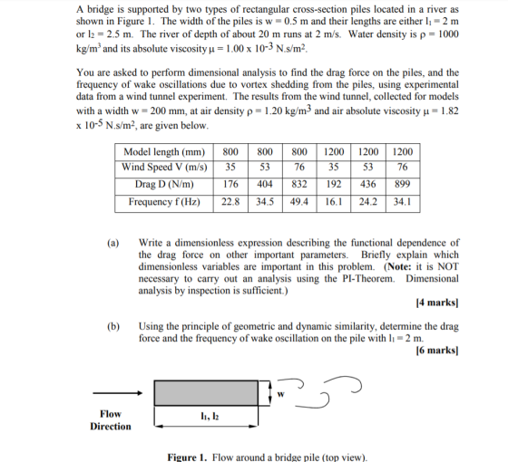 A bridge is supported by two types of rectangular cross-section piles located in a river as shown in Figure 1. The width of t