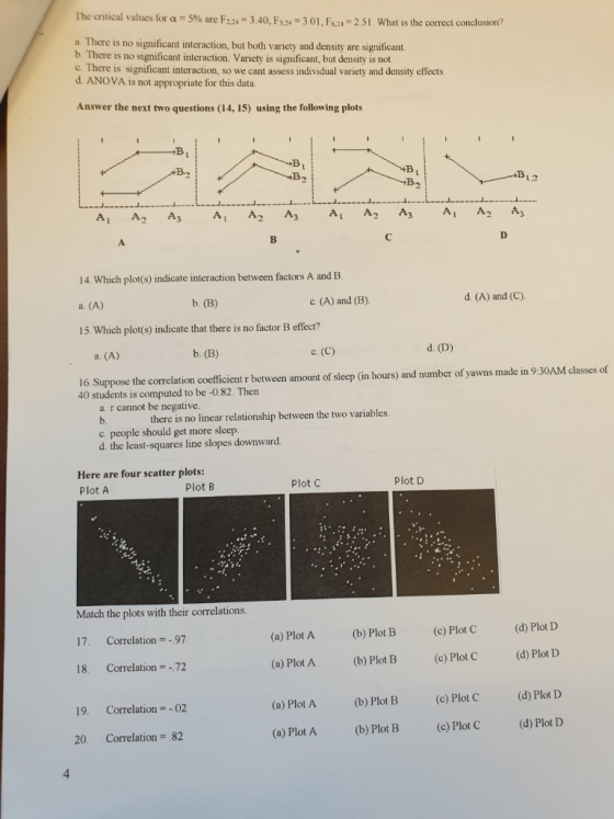 The crtical values for -5% are F224-340, F3 24 301, F624-251 what is the correct conclusion? a. There is no significant inter